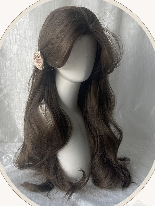 Braune, hüftlange, gewellte Perücke mit Vorhangpony