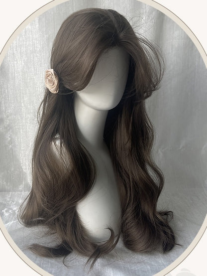 Braune, hüftlange, gewellte Perücke mit Vorhangpony