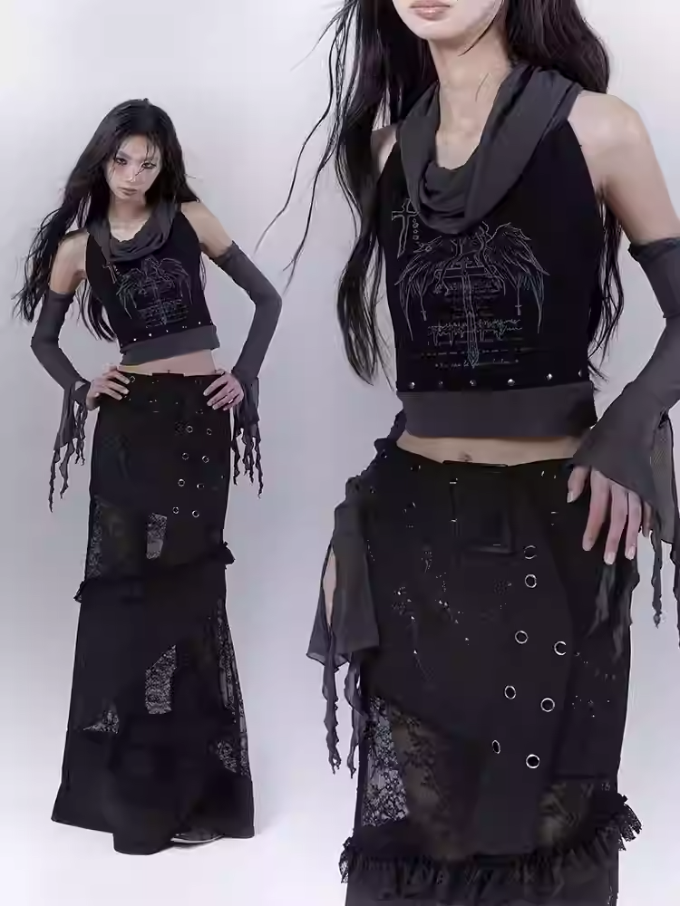 Ärmelloses Top Armwear Print Punk Nieten Schwarz Kreuz Flügel mit Gratis