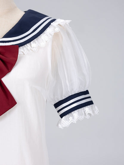 Summer Sailor Collar Short Sleeves Blouse with Red Bowtie - Jirai Kei Snow White Vibes - DevilInspired Exclusive Collection