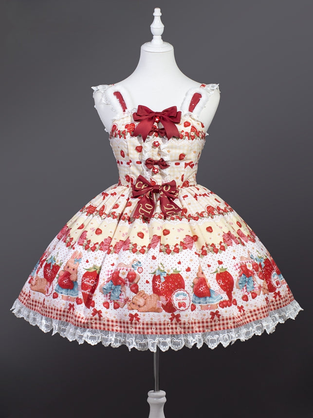 春のイチゴとウサギのリボンがアクセントのウサギ耳デザインの黄色のロリータジャンパースカート