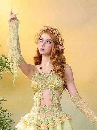 Green & Yellow Summer Fairycore Mori Kei Sleeveless Top with Lace Trim - Virtual Orbit