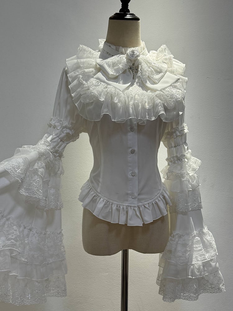 Shiro All Layered White Sleeves Gothic Shirt Lolita with Bell Bowtie