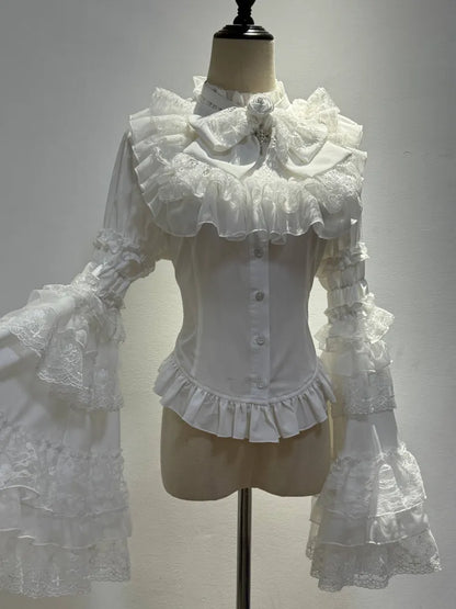 Gothic Layered Sleeves with All Bell Bowtie Shirt Shiro White Lolita
