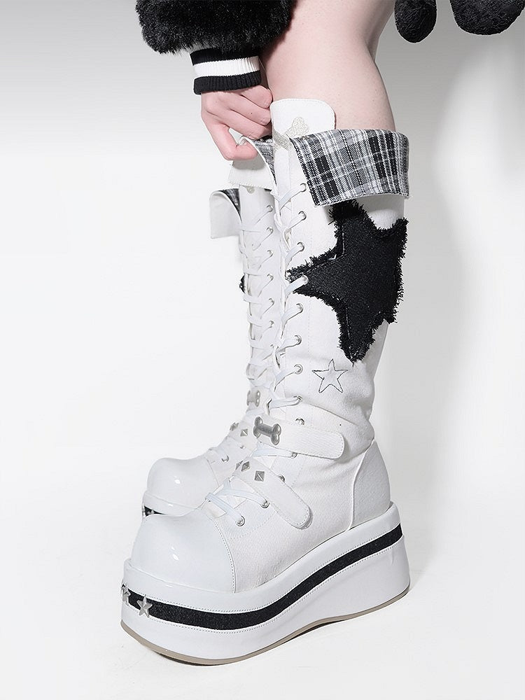Punk with Boots Platform White Knee-high Embroidery Bone