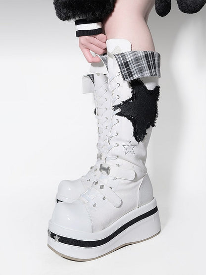 Punk with Boots Platform White Knee-high Embroidery Bone