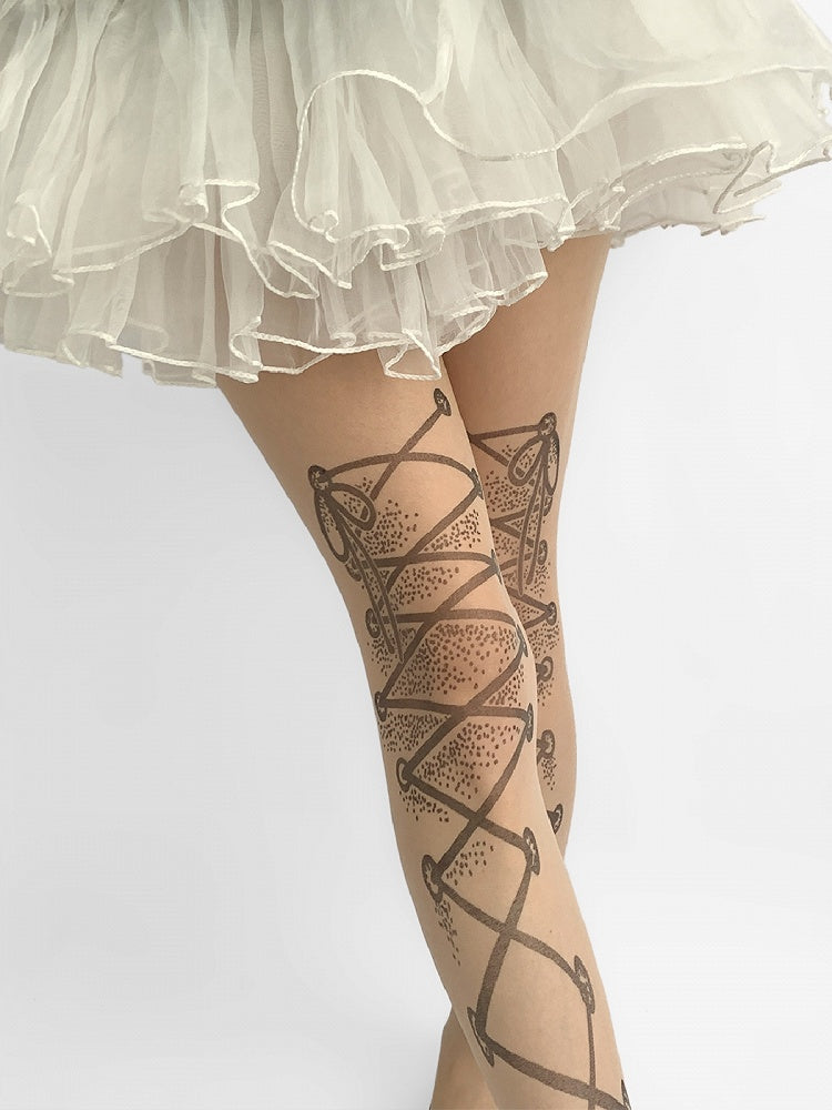 Straps Lace-up Print Nude Tights