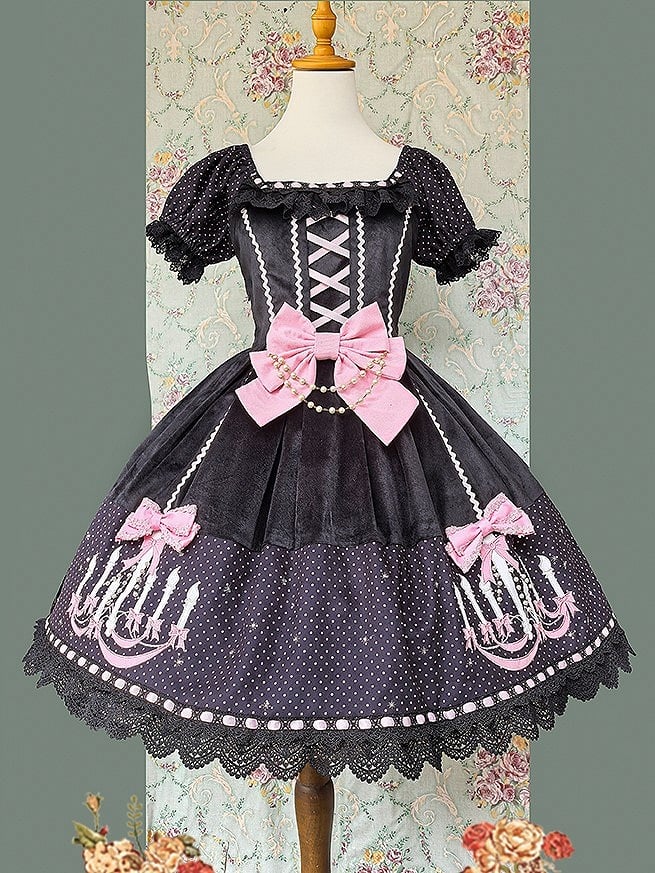 Dot Dress and Lolita with Sweet Print Polka Suede Black Chandelier Pink Bows