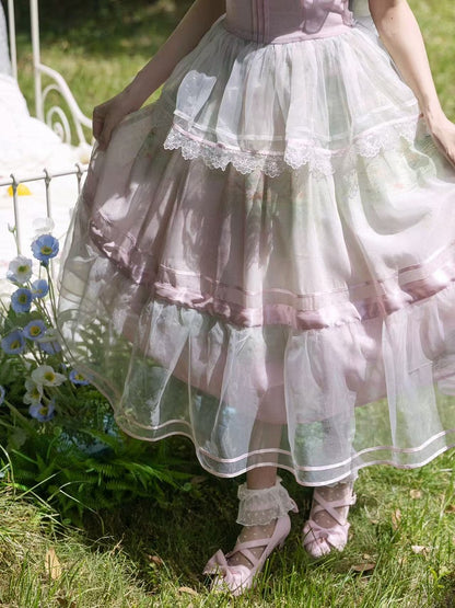 Oil Sleeves One Painting Water Lily Print Light Piece Pink Square Neckline and Flutter