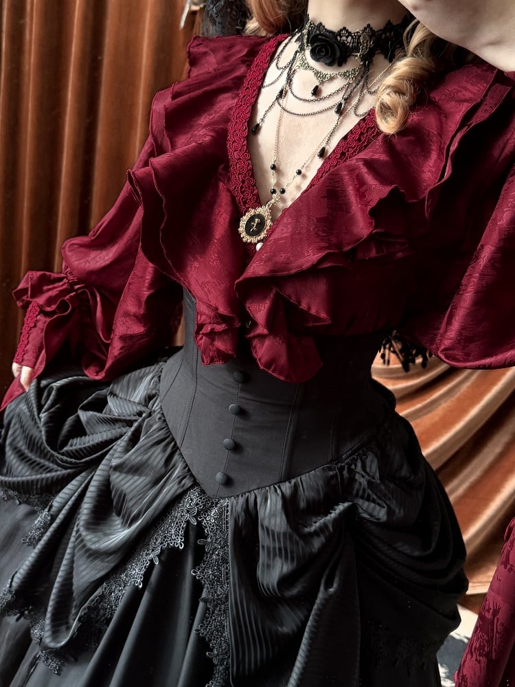 Sleeves Shirt Lolita Gothic Structured Ruffles Long V-neck Red