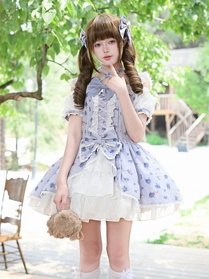 OP Neck Sweet Lolita Kleid Lila Hortensien Druck Offene Schulter Neckholder Licht