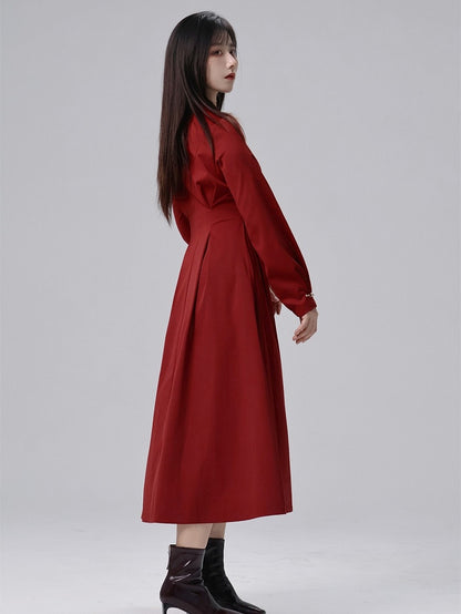 Box Snap Shirt Pleat Details Red Chinese with Closure Style Dress