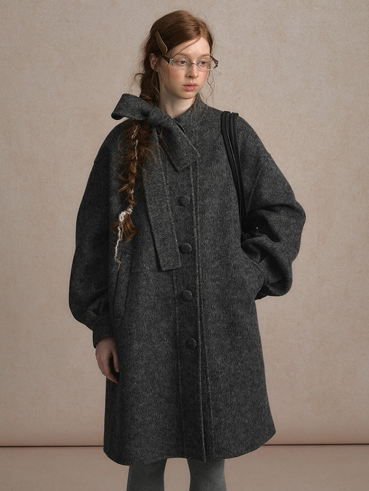 Gray Beige/Dark Vintage-Inspired Long Wool Coat with Front Button Placket and Bow Tie Collar