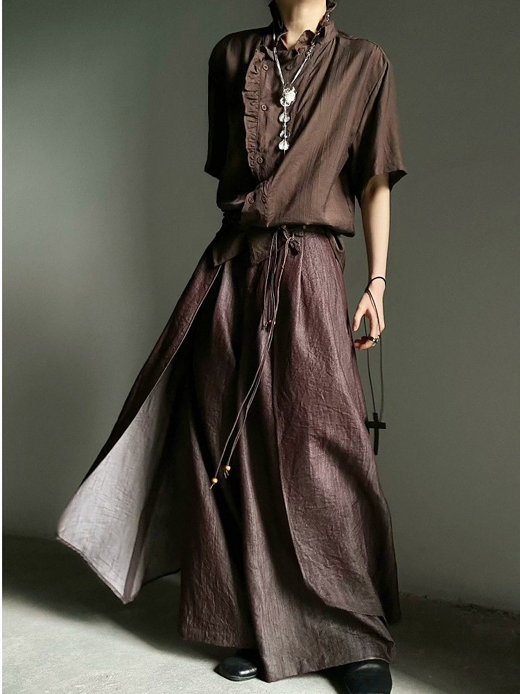 Coffee Ouji Short Sleeve Shirt with Ruffle Trim - ASAE