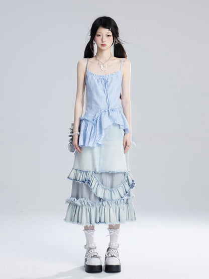 Jeansrock mit Taille, gestufte Rüschen, asymmetrisch, verblasste Waschung, blau, niedrig