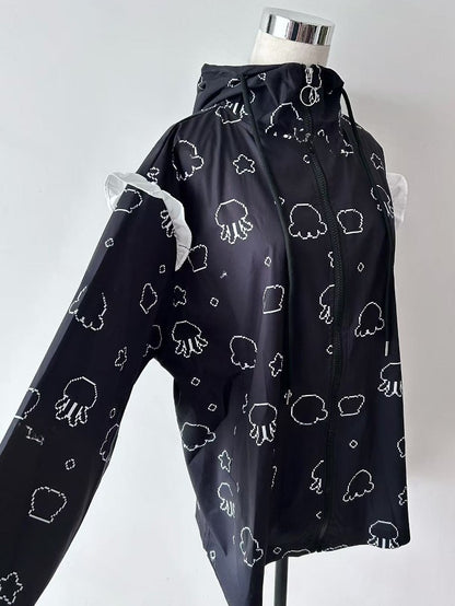 Print Ruffles Trim Hooded Jellyfish Jirai Protection Sun Jacket Kei Black
