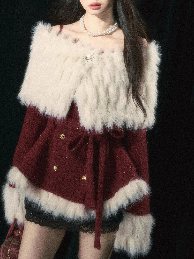 Eleganter Mantel mit schulterfreiem Ausschnitt in Weihnachtsrot/Weiß und abnehmbarem Plüschschal