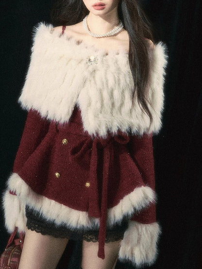 Eleganter Mantel mit schulterfreiem Ausschnitt in Weihnachtsrot/Weiß und abnehmbarem Plüschschal