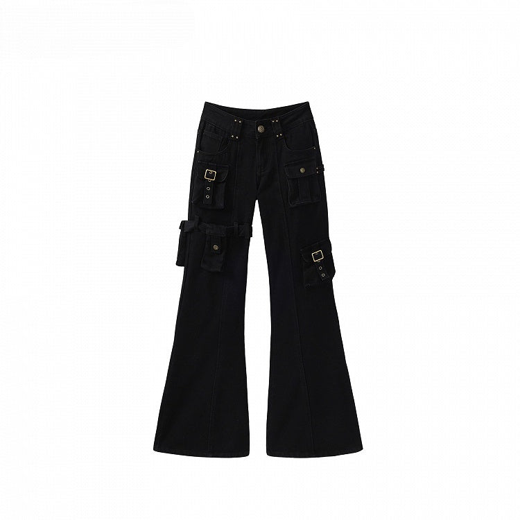 Pants - Vintage Silhouette Cargo Flare Pocket Detachable Black