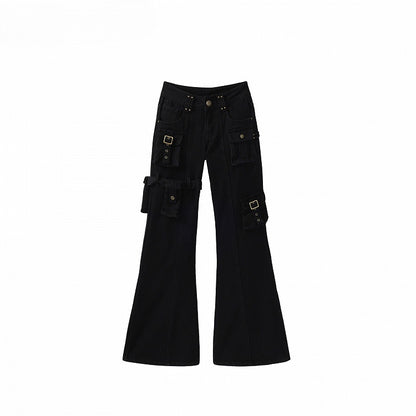 Pants - Vintage Silhouette Cargo Flare Pocket Detachable Black