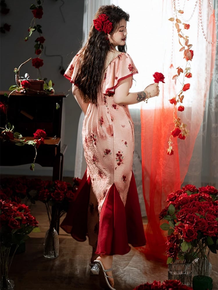 Saumrock Plus Size Mesh Rot Rosette Print Kleid Patchwork Meerjungfrau