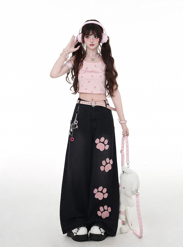 Taille Straight-Leg Jeans Rosa Pfotenstickerei Schwarz Niedrig