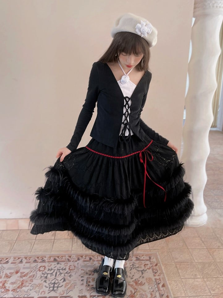 Tea Length Tiered Skirt with Plush Accents and Lace Trim Black/White