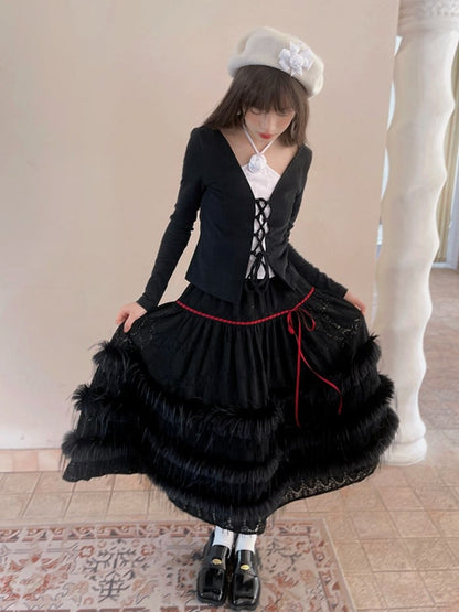 Tea Length Tiered Skirt with Plush Accents and Lace Trim Black/White