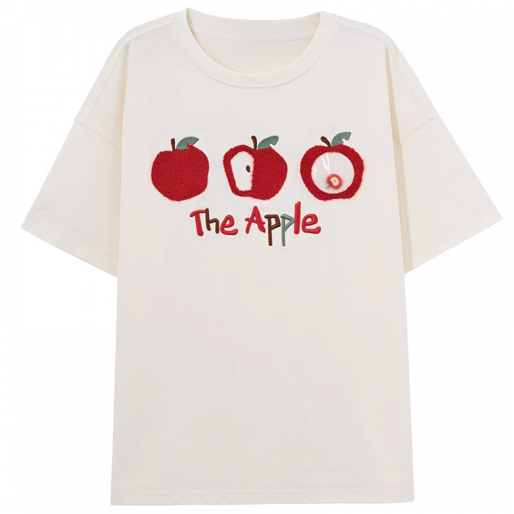 T-Shirt Apricot/Schwarz Rundhals Apfel Stickerei Locker