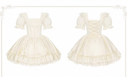 Dress Beige and Sleeves Lolita Elegant Puff Short Neckline Classic Square