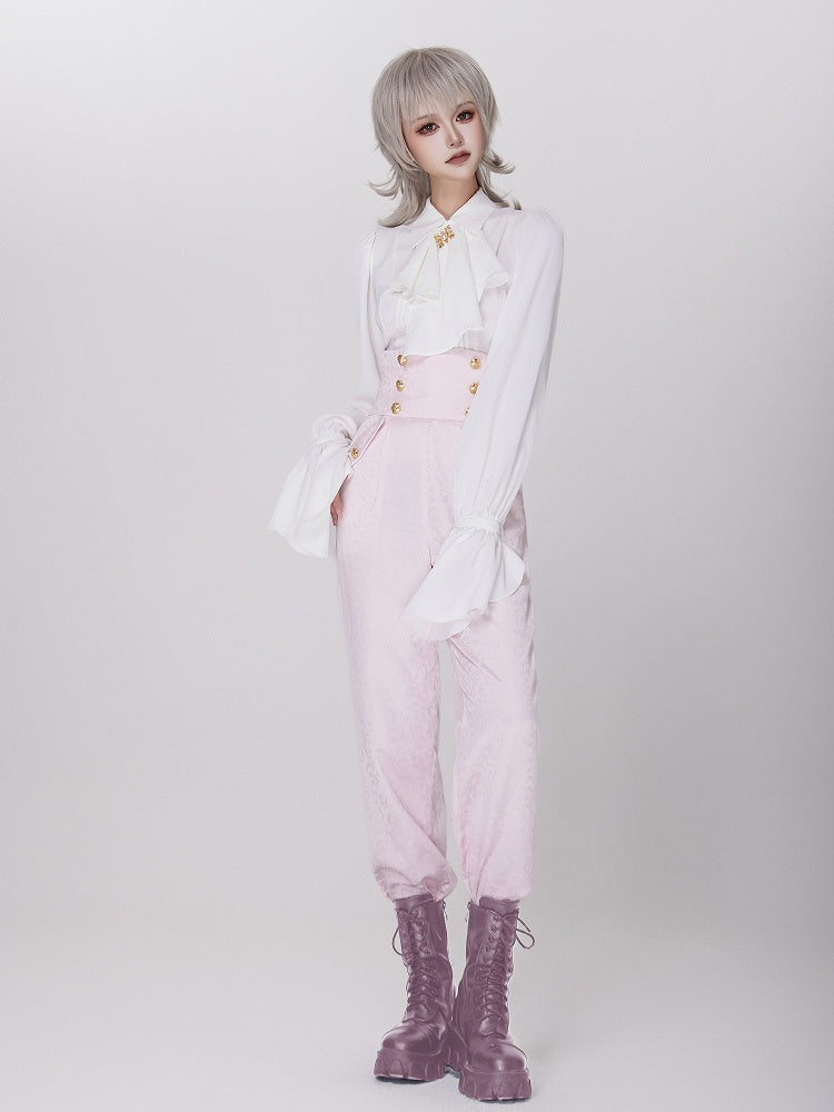 Cherry Blossom Print High-Rise Trousers in Sakura Pink - DevilInspired Exclusive Collection