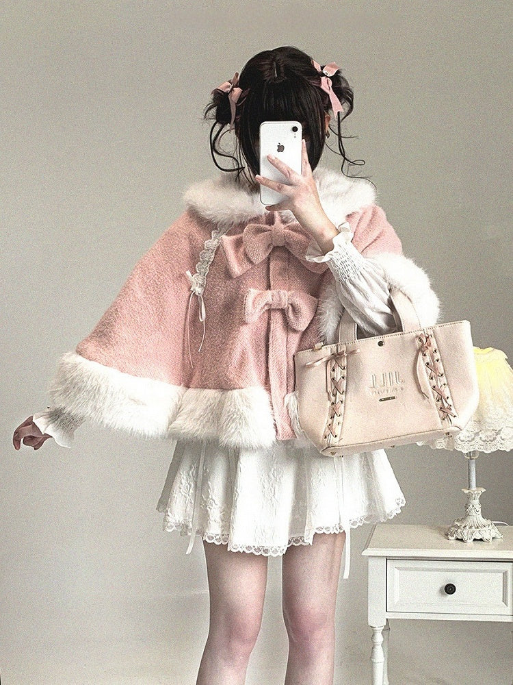 Decor Colors Design Bunny Faux Fur-Trimmed Drawstring Cape Ear with Kei Jirai Bow 3