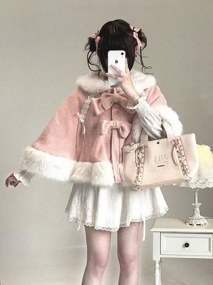 Decor Colors Design Bunny Faux Fur-Trimmed Drawstring Cape Ear with Kei Jirai Bow 3