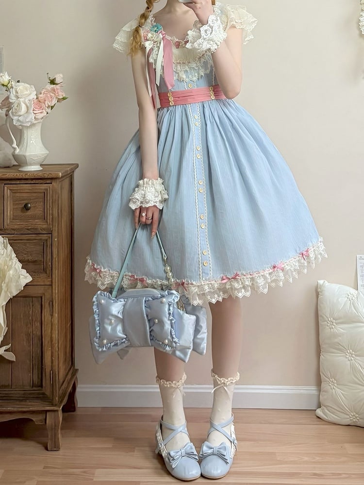 Short Elegant Lace Dress and Blue with Details Classic Lolita Version Bow