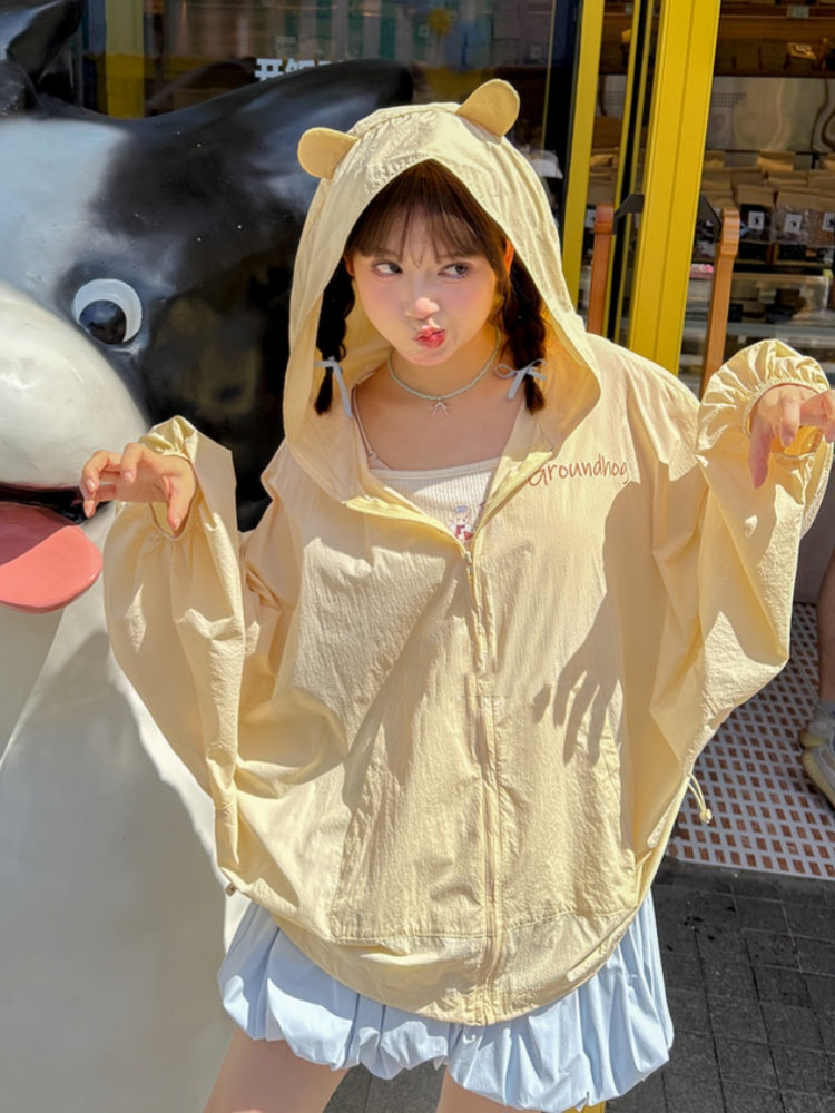 ジャケット 日焼け防止 ドローストリング イエロー マーモットの耳デザイン フード裾