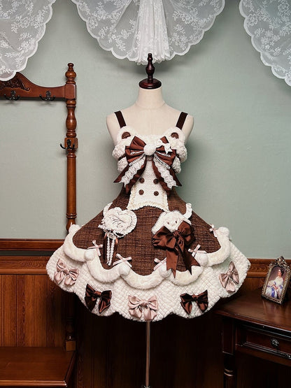 Applikationen Süßes Plüsch Herzchen und Akzente mit Braunen Details Schleife Kleid Lolita Weiß
