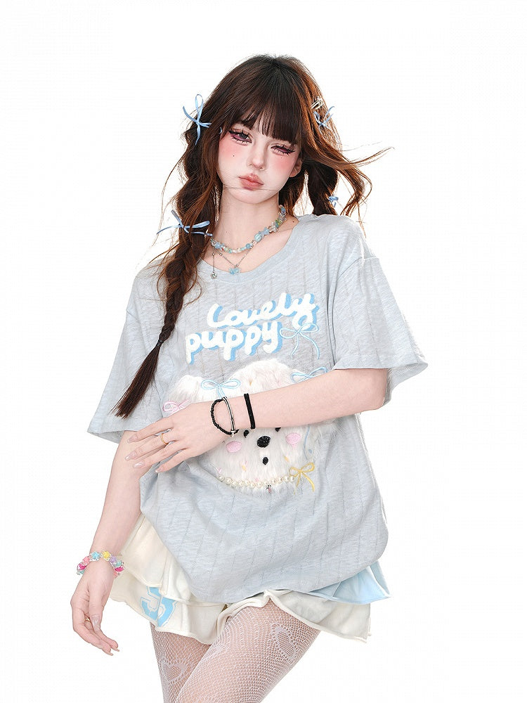 Loose T-Shirt Adorable Plush Puppy Bow Embroidered Blue