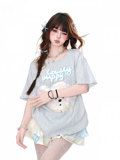 Loose T-Shirt Adorable Plush Puppy Bow Embroidered Blue