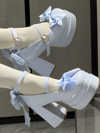 in Toe Lolita Sweet with Bow Platform Round - Detail PU Mary Blue Janes Sky