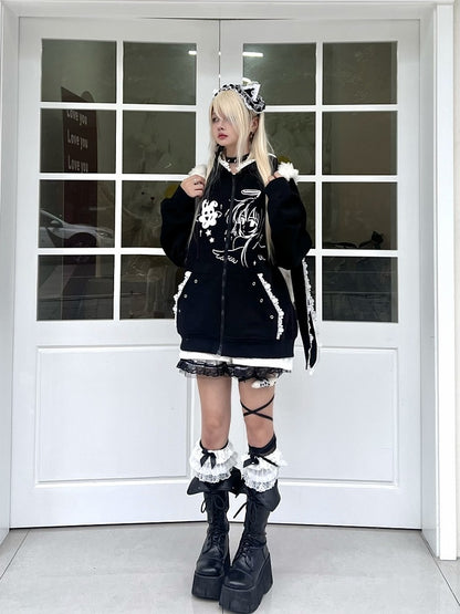 Black Girl Hoodie Bunny Anime Jirai Kei and with Design Print Ear