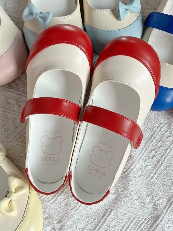 Sweet Flat Velcro Shoes Strap Bear Beige Details Lolita Red Closures