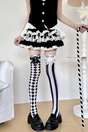 Bow-trimmed diamond and striped socks