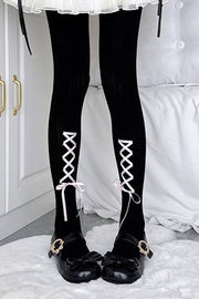 Black tights with white ribbon lacing