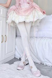 White tights with pink ribbon lacing