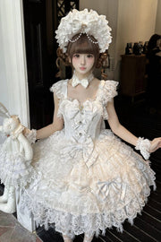 White lace jumper dress standing view