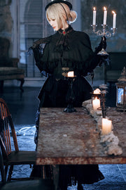 Black floral hat with Gothic cape outfit