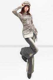 Asymmetric tartan tee with flared trousers