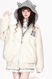 Apricot jacket with striped cat-ear hood