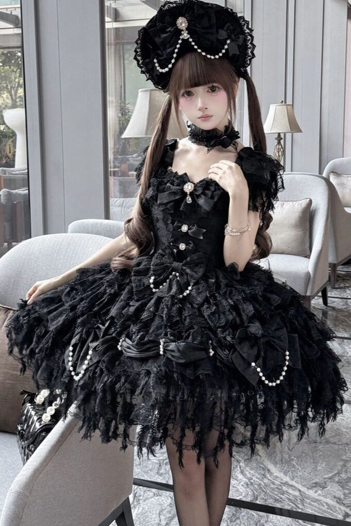 Black lace JSK with bows and decorative chains