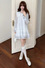Full-length styling of pale blue collar dress